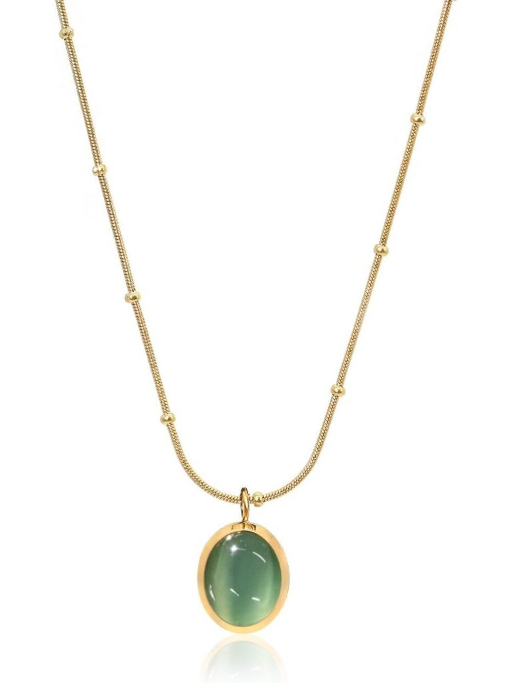 Women's Green Gold Cat Eye Oval Pendant Satellite Chain Beaded Choker Necklace